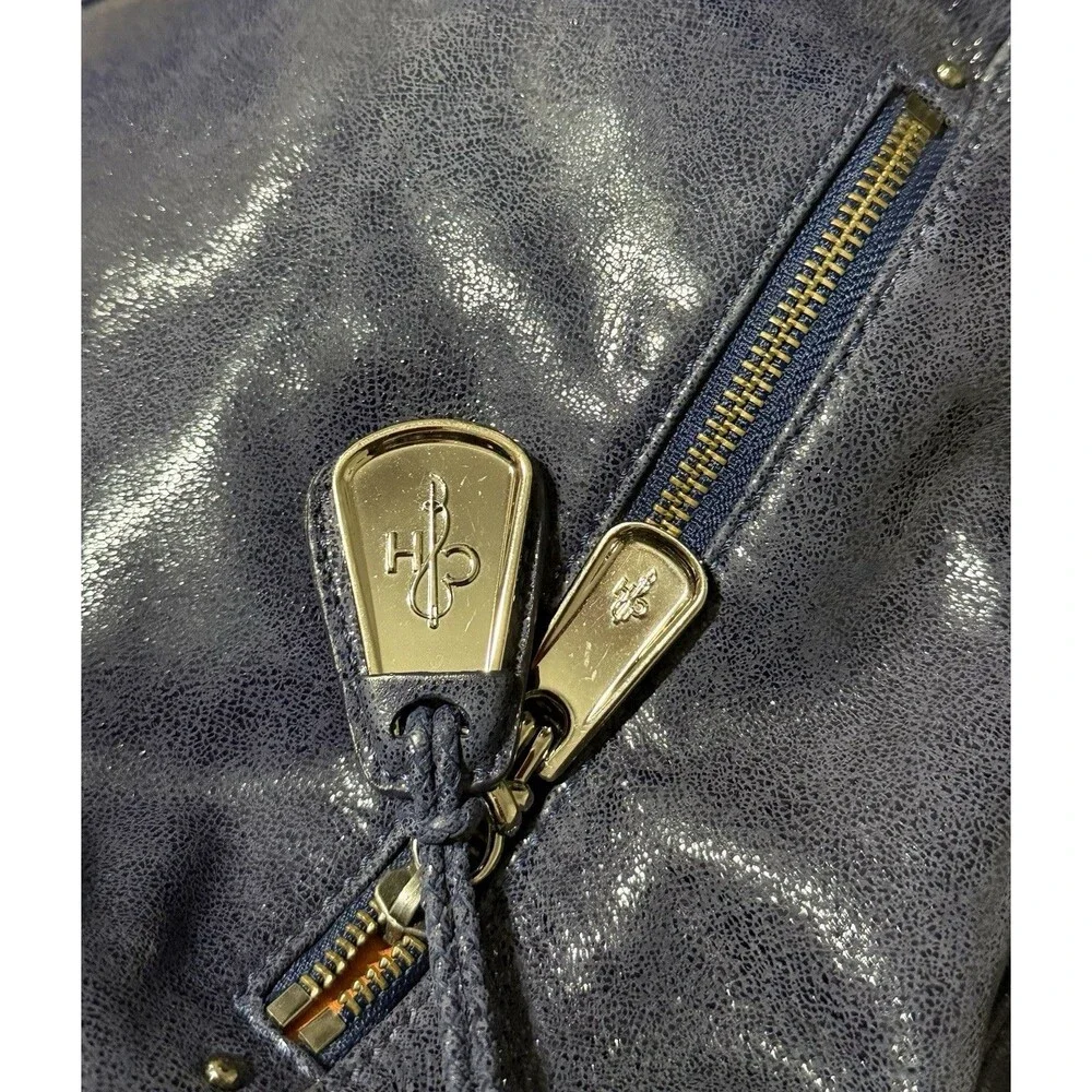 VTG Cole Haan Blue Crackle Patent Leather Slouchy Hobo Handbag Silver/ Gold Zip